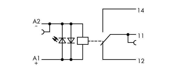 Schematisches Diagramm eines elektrischen Schaltkreises mit Relais, inklusive Spulen, Dioden und Kontaktanschlüssen 11, 12, 14.