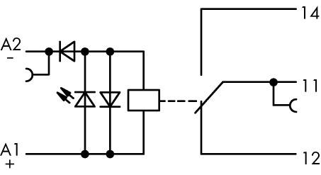 Schaltplan zeigt eine Diode, LED, Widerstand und Schalter, verbunden mit Anschlüssen A1, A2, 11, 12 und 14.