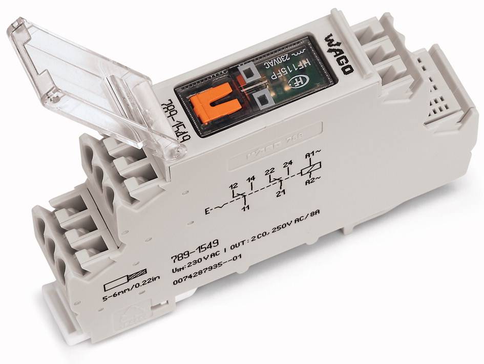 Wago Elektronikmodul mit transparentem Deckel, Beschriftung und Diagramm; zeigt Spannungs- und Stromstärkeangaben.