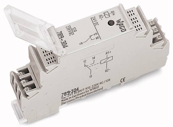 Elektrisches Bauteil von WAGO für DIN-Schienenmontage, Modell 789-304, mit technischen Spezifikationen und Anschlüssen sichtbar.