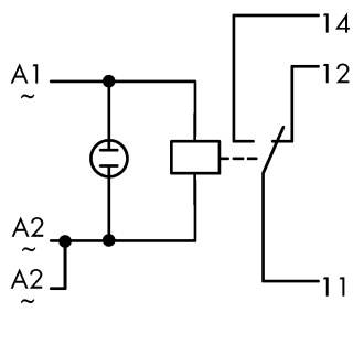 Schaltplan eines Elektromotors mit Anschlüssen A1, A2 und Klemmen 11, 12, 14, zeigt die elektrische Verdrahtung und Schalterposition.