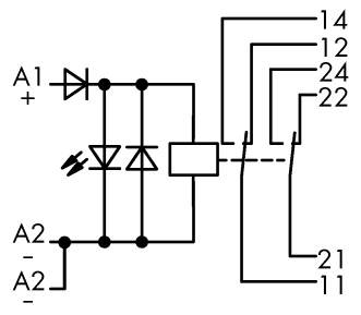 Elektrisches Schaltbild mit einem LED-Diodensymbol, das zwei Anschlüsse (A1, A2) mit Anschlüssen (11, 12, 14, 21, 22, 24) verbindet.