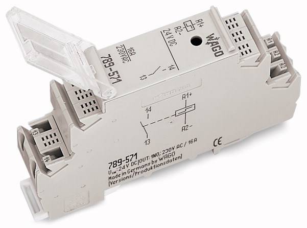 WAGO Relaisklemmenmodul 789-571, 230V AC/16A, 2 Wechsler, auf Hutschiene montierbar, mit Schutzabdeckung und Anschlussdiagramm.