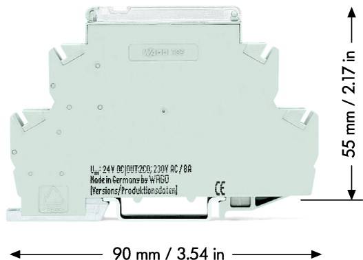 Ein graues elektronisches Gerät, rechteckig geformt, mit Aufschrift: '24V DC/10-30V AC/8A'. Maße: 90 mm breit, 55 mm hoch.