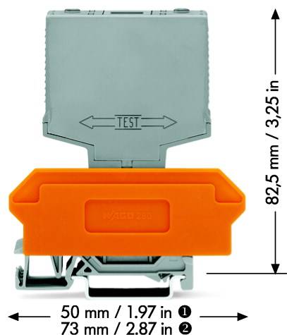 Grauer und orangefarbener Abstandshalter für DIN-Schiene mit dem Label 'TEST', Maße: 82,5 mm hoch, 50 mm breit, 73 mm lang.