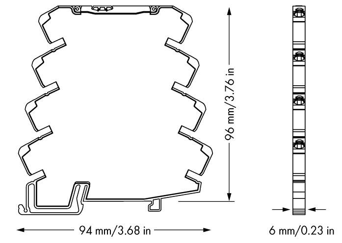 Technische Zeichnung eines Profils, seitliche und frontale Ansicht. Maße: 94 mm Breite, 96 mm Höhe, 6 mm Tiefe.