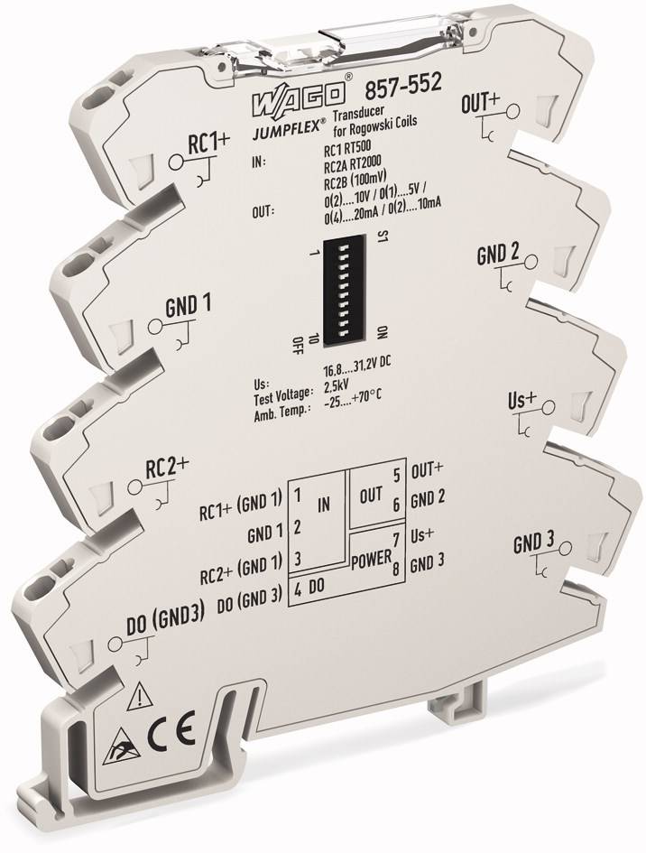 Ein schmaler, mehrstufiger Transducer für Reiheneinbau von WAGO. Beschriftet mit Eingang, Ausgang und elektrische Spezifikationen.