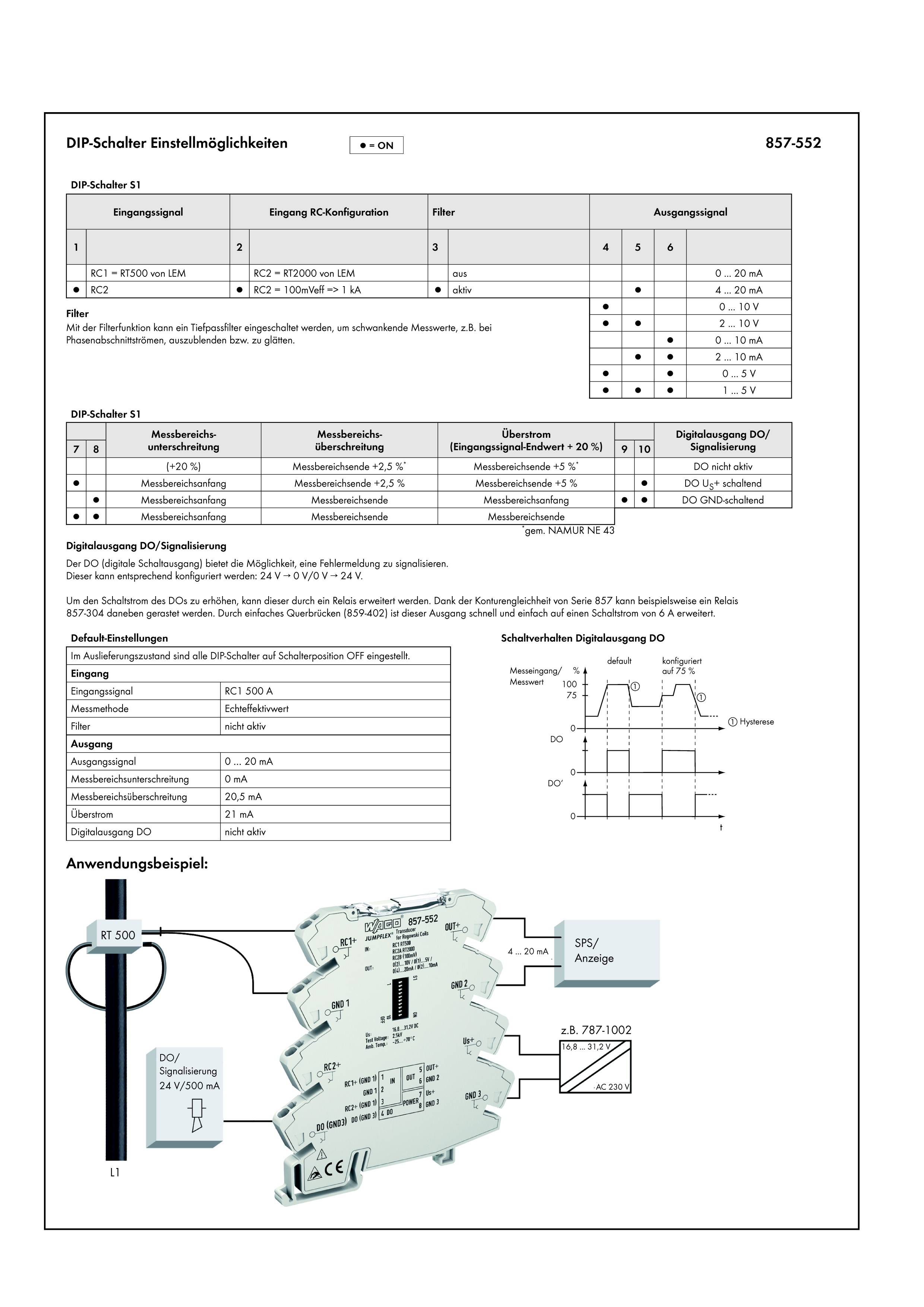 Diagramm der DIP-Schalter-Einstellungen mit verschiedenen Konfigurationstabellen und einem Anwendungsbeispiel für eine Schaltung.