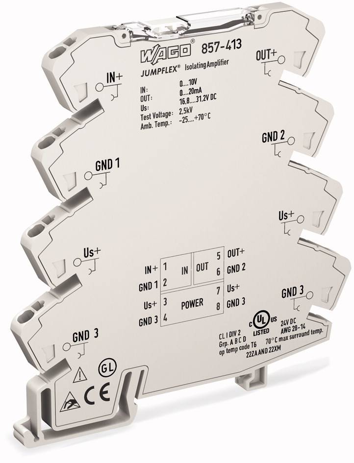 Bild eines WAGO JUMPFLEX Trennverstärkers mit Spezifikationen und Anschlussbeschriftungen, verwendet in der industriellen Automatisierung.