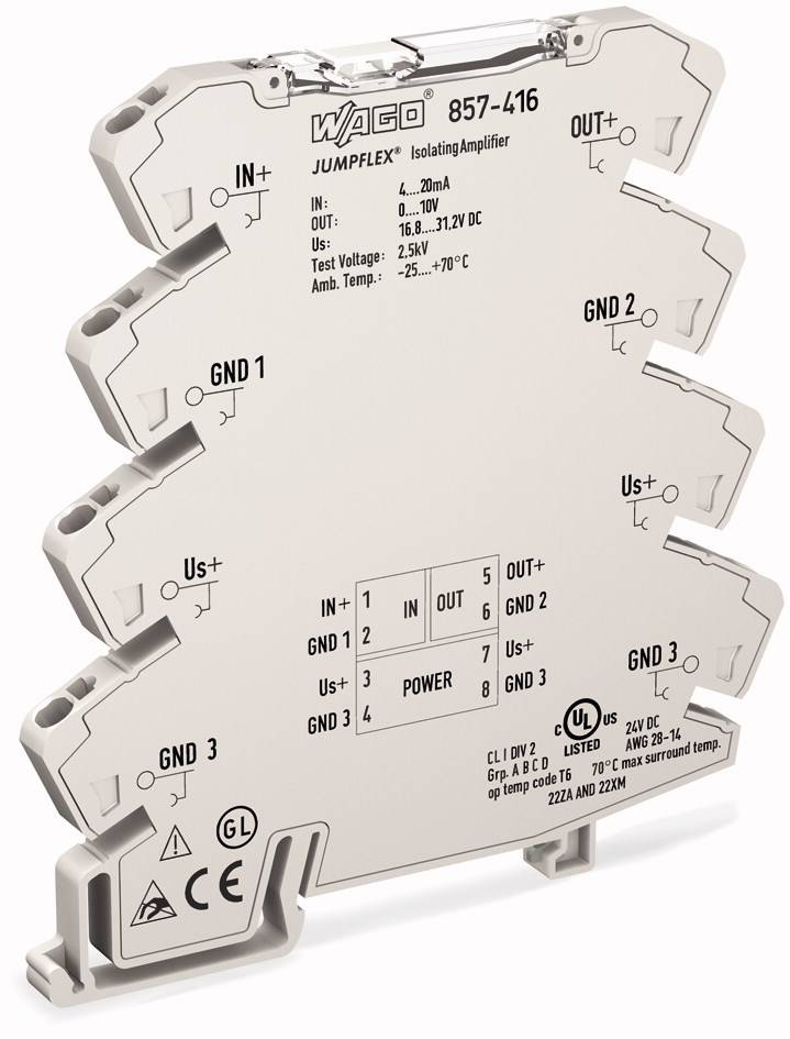 Elektronisches Modul 'WAGO JUMPFLEX 857-416 Isolating Amplifier' zur Signalverarbeitung, Anschlüsse und Spezifikationen sichtbar.
