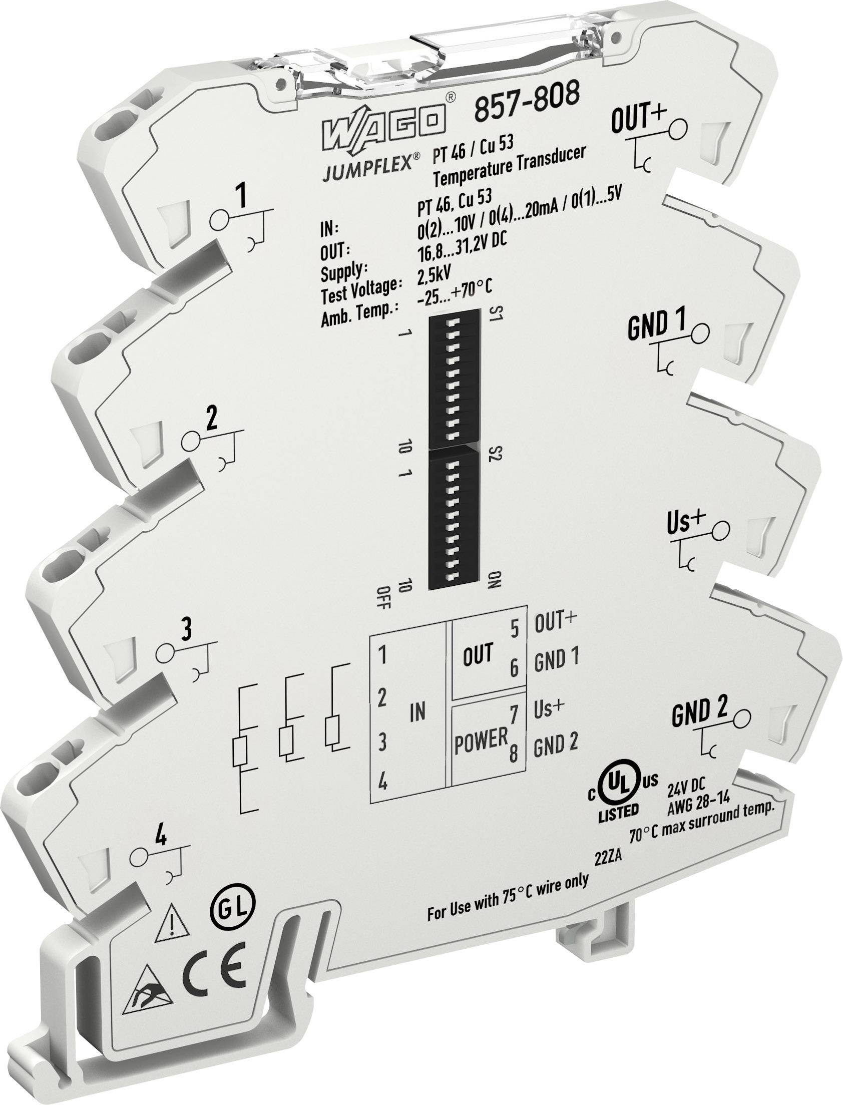 Ein 'WAGO JUMPFLEX 857-808' Temperaturwandler, geeignet für PT 6.5 Sensoren, zeigt Anschlüsse und technische Spezifikationen.