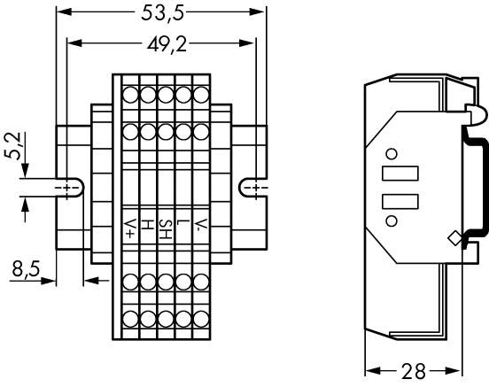Technische Zeichnung eines elektrischen Geräts mit Abmessungen: Breite 53,5 mm, Höhe 28 mm und Tiefe 8,5 mm. Zeigt Anschlüsse.