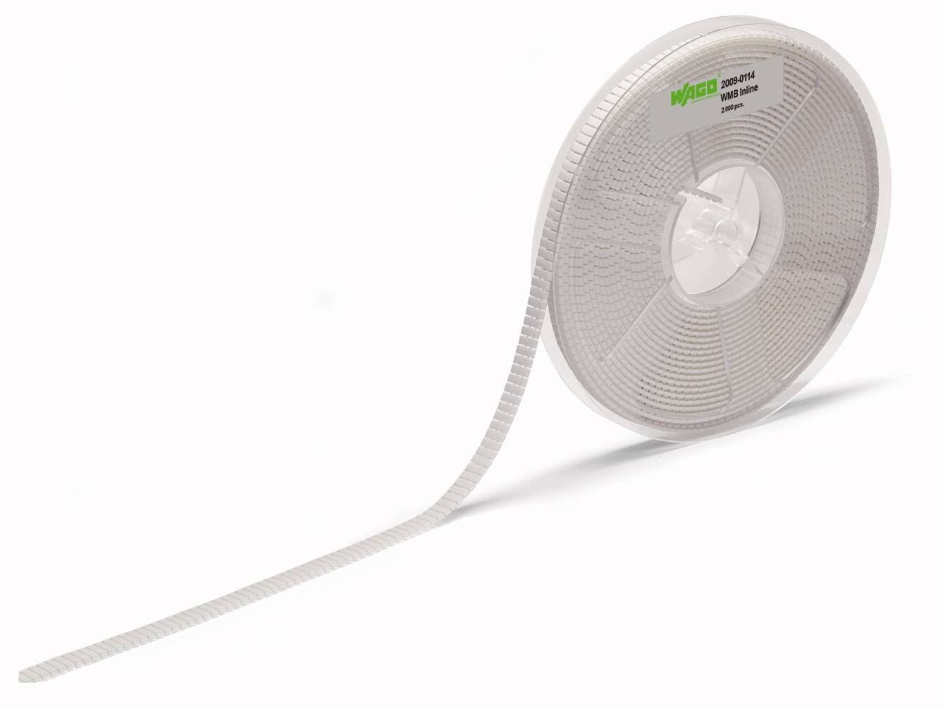 Spule mit weißem, geriffelten Band, groß und zur Hälfte abgerollt.