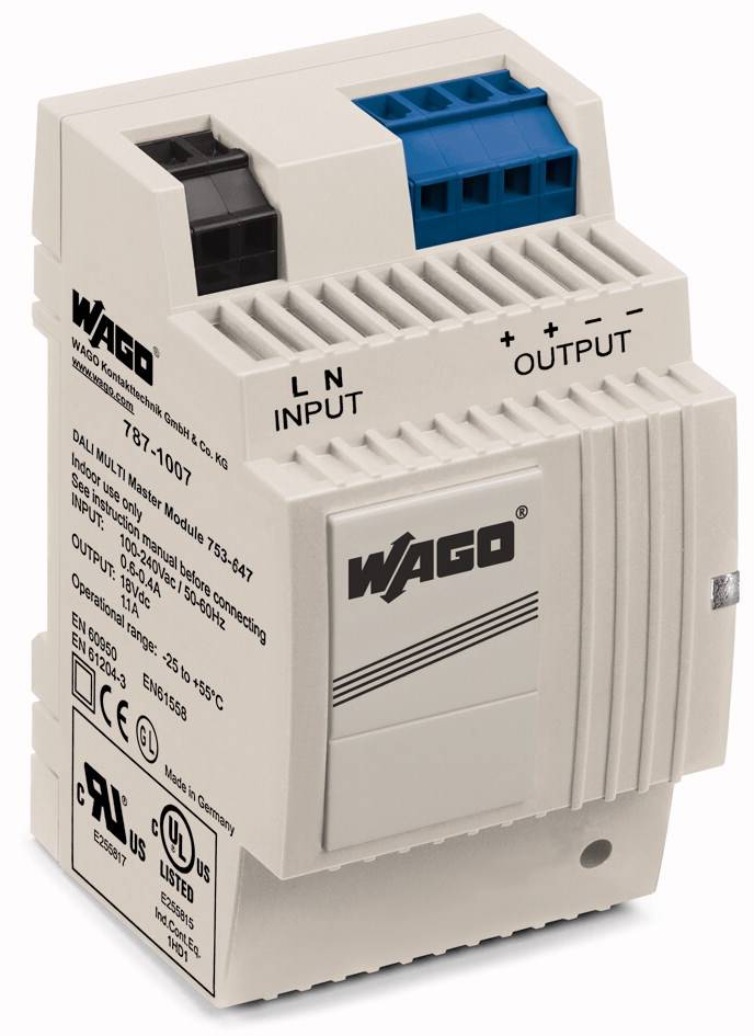 WAGO Schaltnetzteil-Modul, Modell 787-1007, mit Anschlüssen für L N Input und Output, geeignet für Hutschienenmontage.