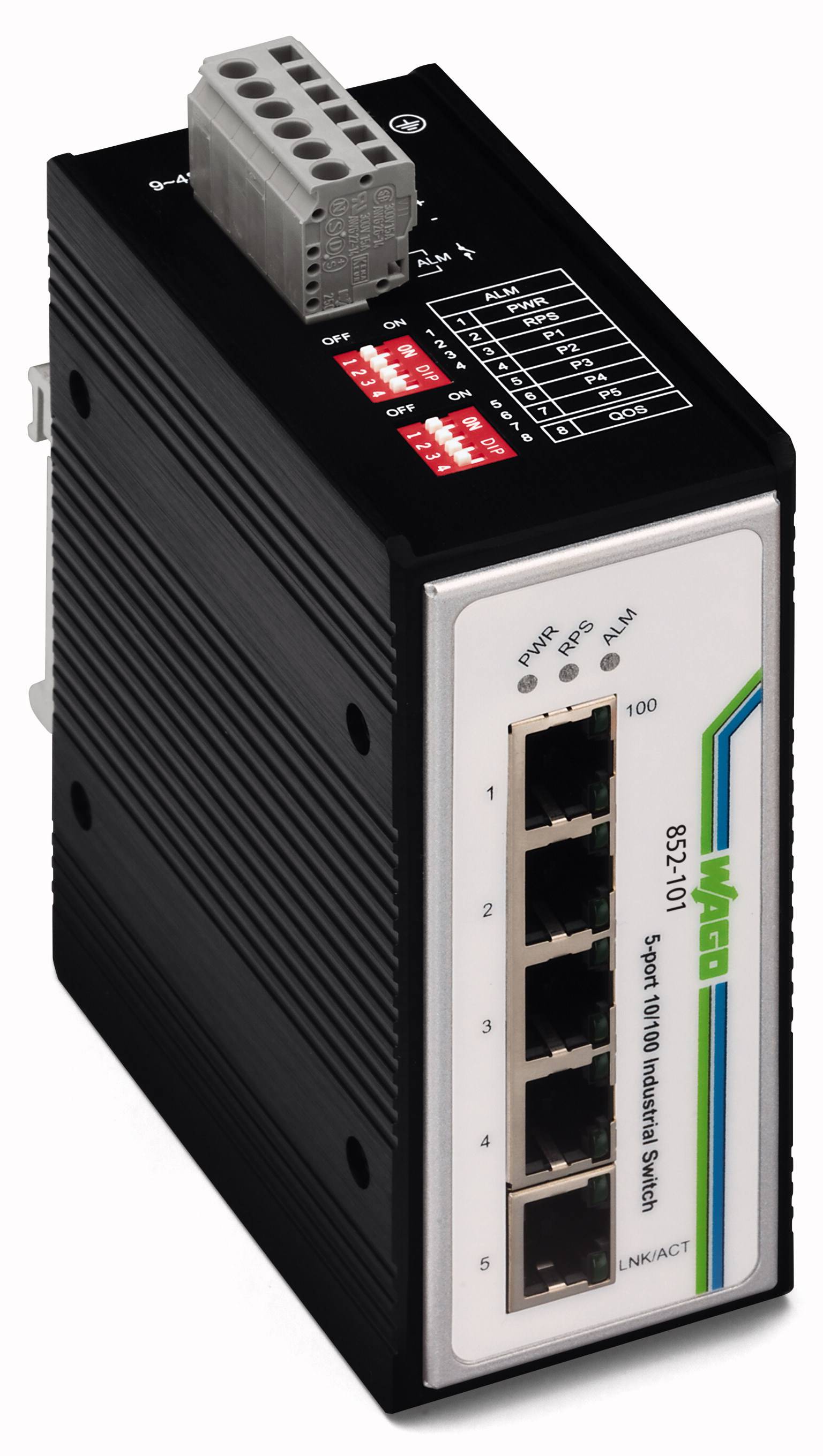 Ein industrieller Ethernet-Switch mit fünf Ports, Modell 'WAGO 852-110', gezeigt in einer seitlichen Ansicht mit Anschlussklemmen oben.
