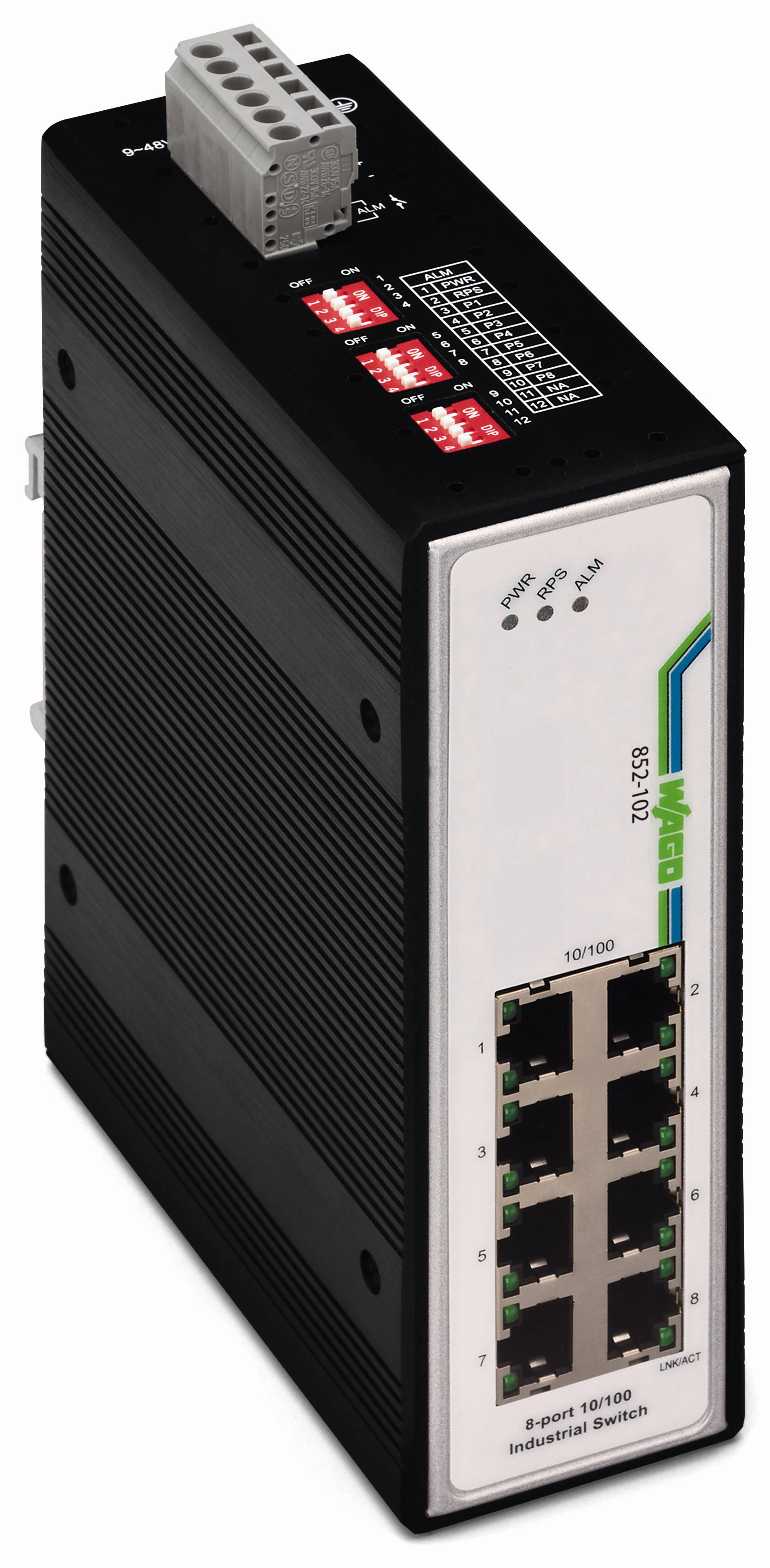 Industrieller Netzwerkswitch mit sechs Ethernet-Ports und LED-Anzeigen. Modellnummer und Marke sind auf der Vorderseite sichtbar.