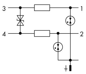 Elektrisches Schaltbild: Zwei Widerstände, ein Transistor, eine Diode und Erdungsleitung verbinden die Anschlüsse 1, 2, 3 und 4.