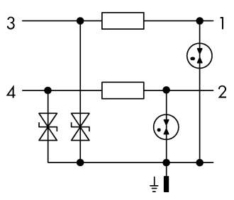 Elektrischer Schaltplan mit Widerständen, Dioden und Schalter; zeigt Stromfluss zwischen Punkten 1, 2, 3 und 4.