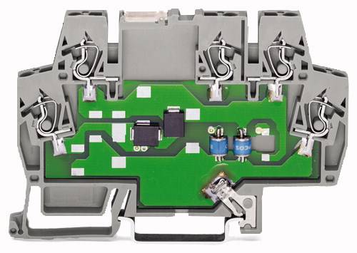 Eine elektronische Schaltung auf einer grünen Leiterplatte, montiert in einem grauen Gehäuse mit vier Klemmanschlüssen.