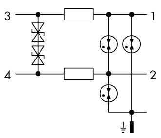 Schaltplan zeigt zwei parallele Reihen von Dioden und Widerständen, verbunden mit vier Klemmen (1-4) und einer Erdung. Hauptstrompfad über Dioden.
