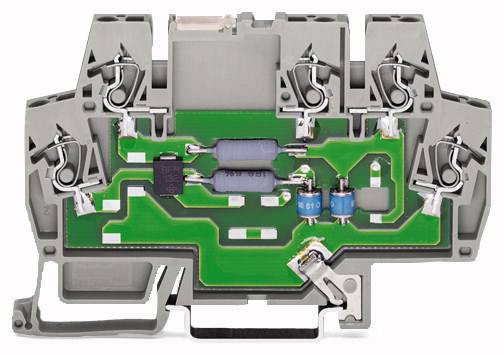 Graues elektronisches Bauteil mit grünem Schaltkreis und blauen Widerständen. Dient der Verbindung und Steuerung von Stromkreisen.