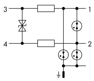 Elektrischer Schaltplan: Zwei parallele Widerstände, links Diode, rechts LED-Dioden zwischen Anschlüssen 1-4, geerdet an Anschluss 2.