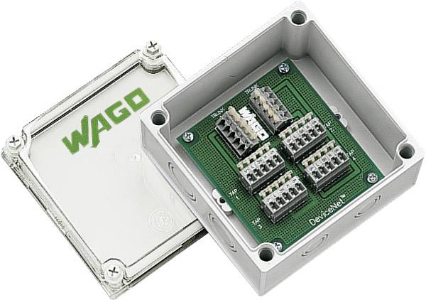 Geöffnete elektrische Anschlussdose der Marke WAGO mit mehreren Steckverbindungen auf einer Platine, geeignet für industrielle Anwendungen.