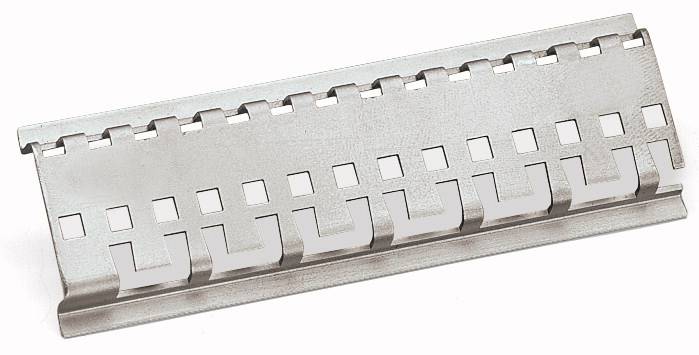 Metallplatte mit rechteckigen Aussparungen, wahrscheinlich Teil eines mechanischen oder industriellen Systems zur Halterung oder Befestigung.