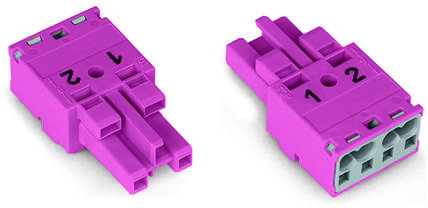 Zwei lila Kunststoffstecker mit nummerierten Aufdrucken '1' und '2'. Jeder Stecker hat drei quadratische Löcher auf der Vorderseite.