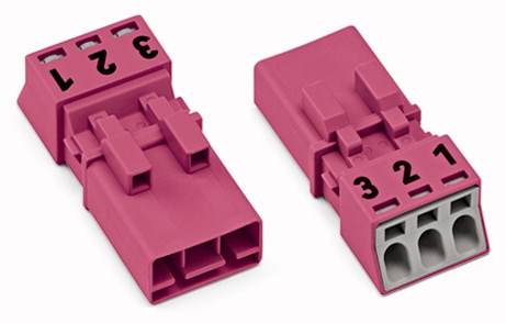 Zwei rosa Steckverbinder mit der Beschriftung '1, 2, 3', zeigen die Vorder- und Rückseite. Geeignet für elektrische Verbindungen.