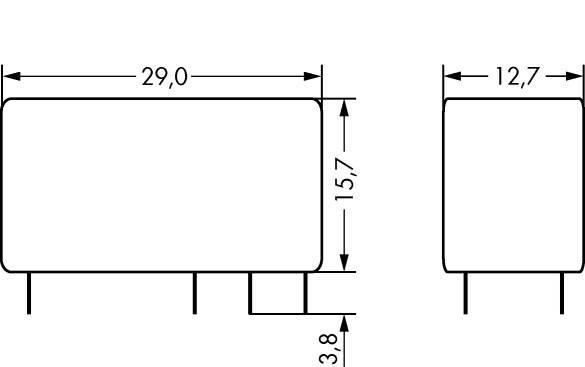Diagramm zeigt technische Zeichnung eines rechteckigen Elektronikbauteils mit Abmessungen: 29,0 mm Breite, 15,7 mm Höhe, 3,8 mm Tiefe.