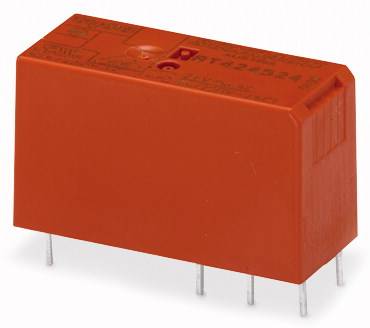 Ein rechteckiges, orangenes elektronisches Relais mit mehreren Anschlüssen auf der Unterseite. Es dient zur Steuerung elektrischer Schaltungen.