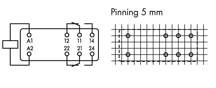 'Pinbelegung 5 mm': Diagramm eines Rechtecksteckers mit Beschriftungen A1, A2, 11, 12, 21, 22, 14, 24; rechte Skizze zeigt Rasteranordnung.