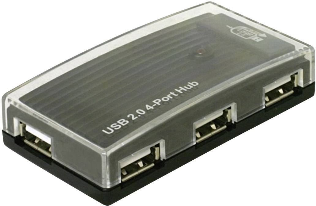 'USB 2.0 4-Port-Hub' mit vier USB-Anschlüssen zur Erweiterung der Anschlussmöglichkeiten eines Computers.