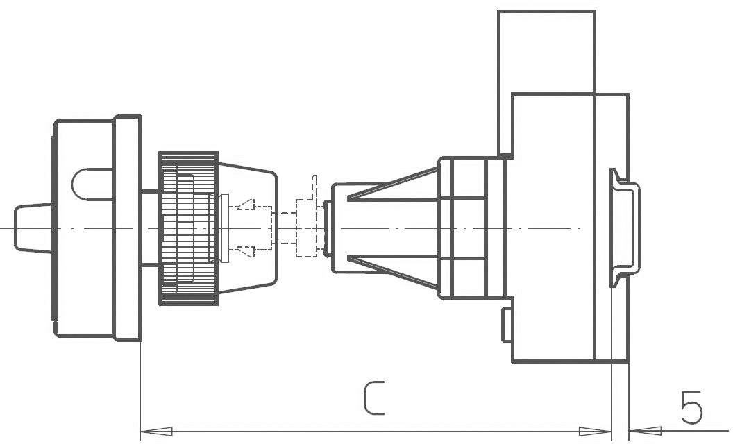 Montagezeichnung eines mechanischen Bauteils mit verschiedenen Anschlusskomponenten. Maß 'C' und Maßangabe '5' sind hervorgehoben.