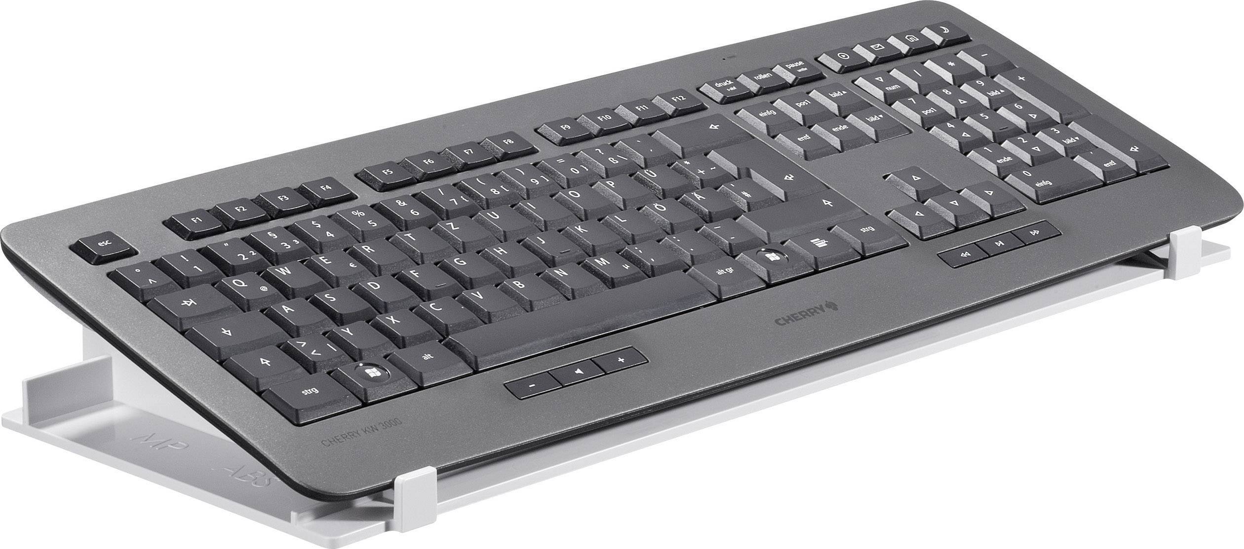 Schwarze, drahtlose Computertastatur mit flachem Design auf einem weißen Hintergrund. Tasten sind sichtbar, aber ohne Beschriftungen erkennbar.