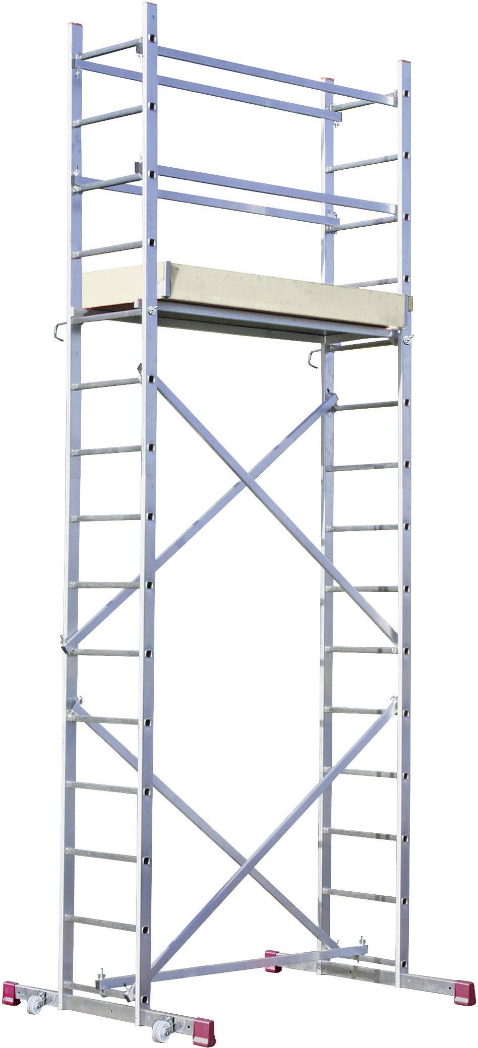 Ein hohes Gerüst aus Metall mit Plattform in der Mitte und Rollen an der Basis, geeignet für Bau- oder Malerarbeiten in großer Höhe.