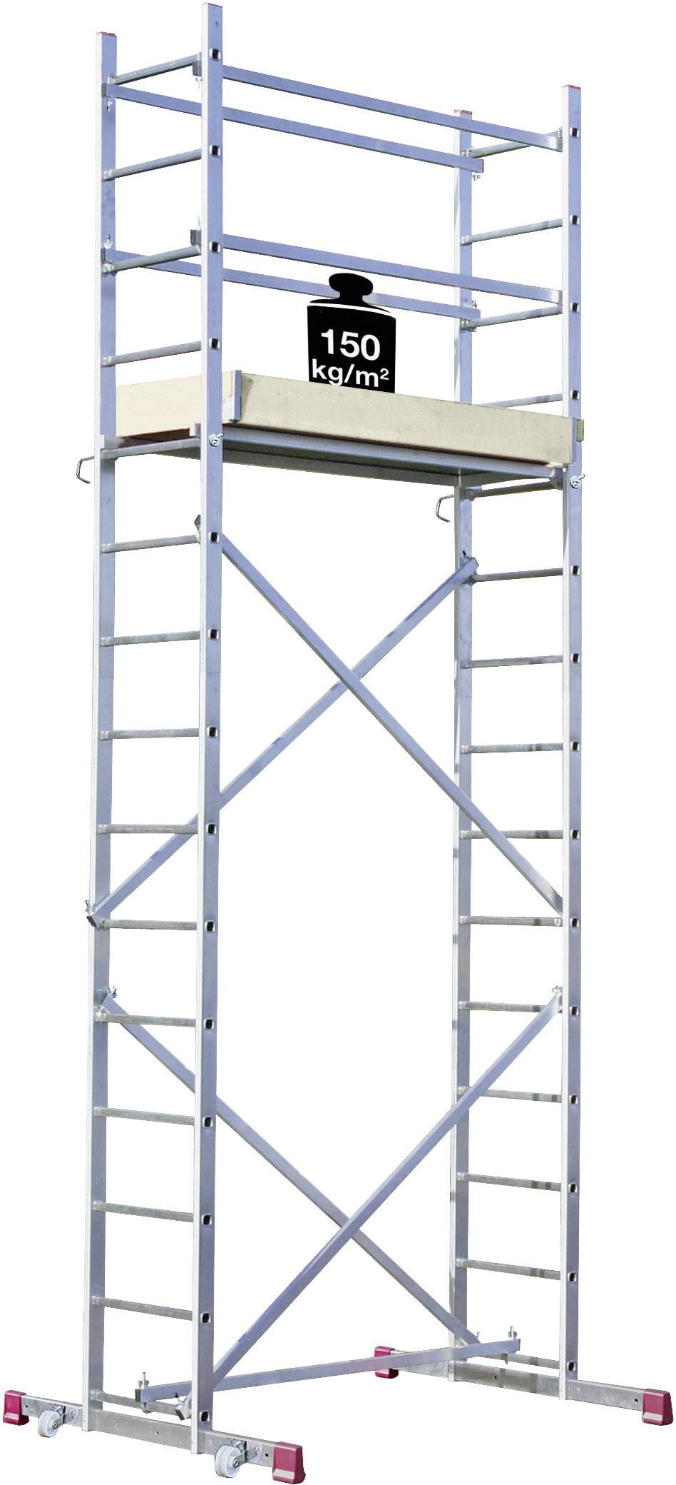 Ein Aluminiumgerüst mit stabiler Plattform. Gewichtsbeschränkung von 150 kg/m² angezeigt. Räder unten für einfache Bewegung.