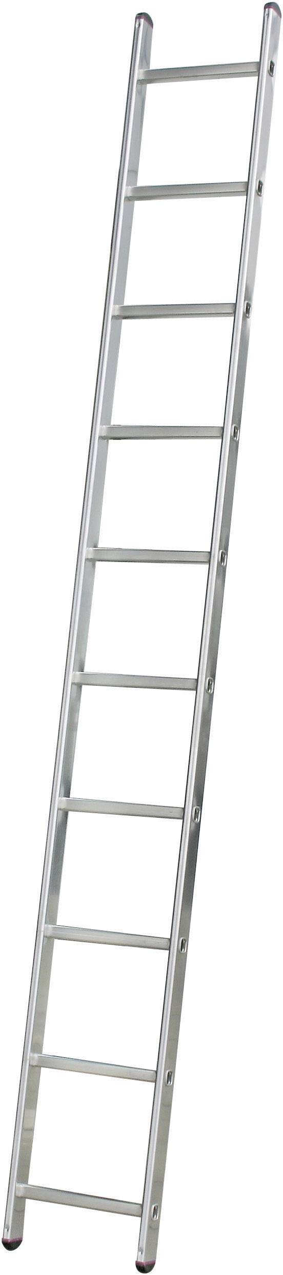 Eine silberne, einteilige Aluminiuleiter mit neun Sprossen, steht aufrecht. Geeignet für den Innen- und Außenbereich.