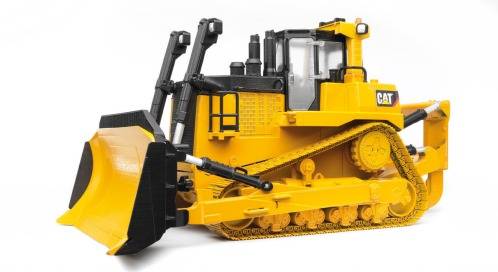 Ein gelber Spielzeug-Bulldozer mit schwarzen Akzenten und einem Schaufelarm vorne. Markenlogo 'CAT' seitlich sichtbar.