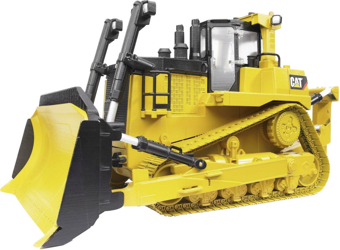 Ein gelber Bulldozer mit Raupenketten und großer Schaufel. Er steht still und ist von der Seite sichtbar.