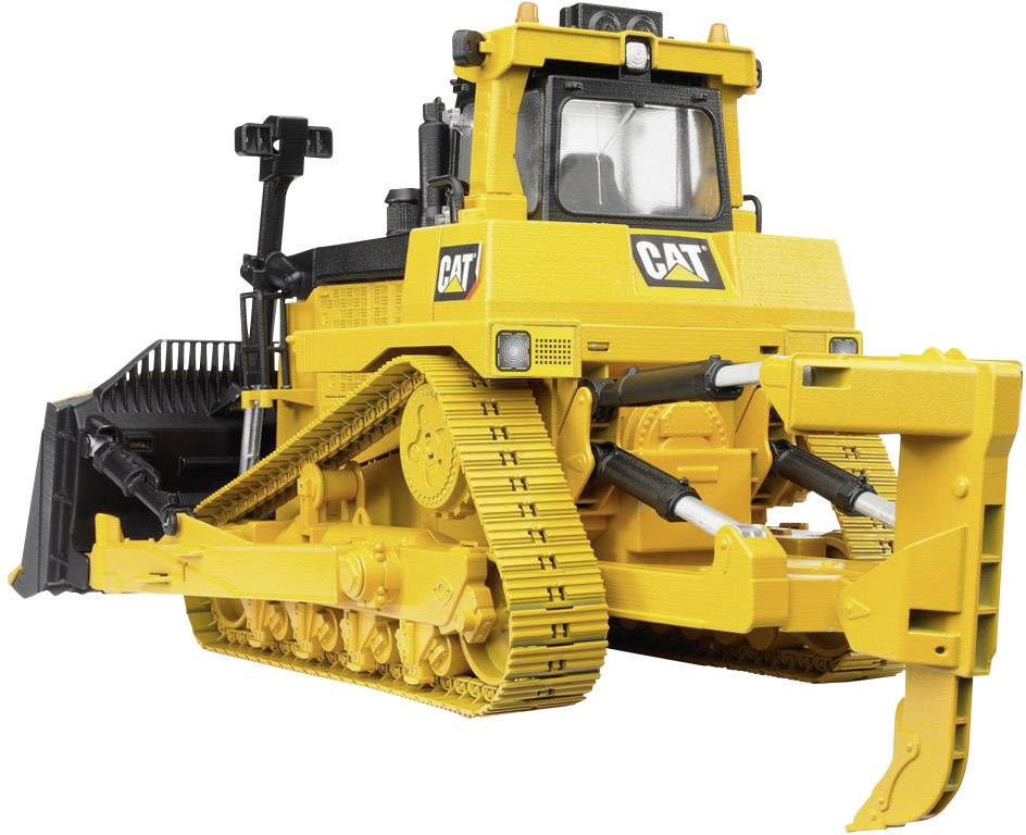 Ein gelber Bulldozer mit einem Räumschild vorne. Er hat Kettenräder und das CAT-Logo an der Seite.