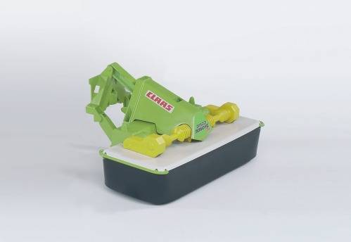 Ein Modell einer grünen CLAAS Landmaschinenkomponente mit gelben und schwarzen Details, präsentiert auf einer weißen Fläche.