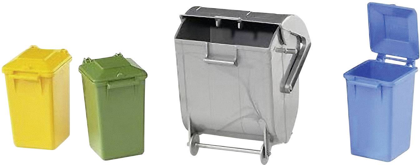 Drei Mülltonnen in unterschiedlichen Farben: Eine gelbe, eine grüne und eine blaue Tonne mit geöffnetem Deckel; symbolisieren Mülltrennung.