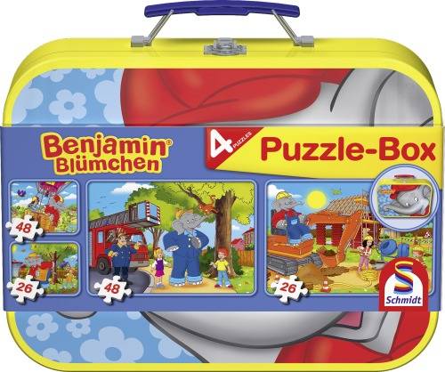 Metall Puzzlekoffer Benjamin Blümchen, 2 x 26, 2 x 48 Teile