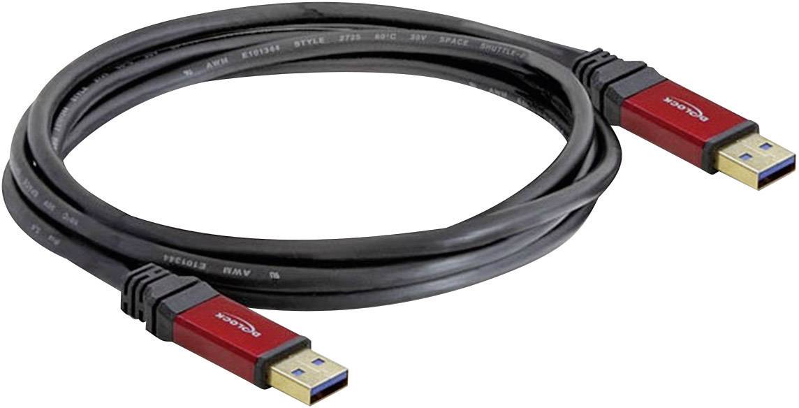Ein schwarzes USB-Kabel mit roten Anschlüssen, geeignet für Hochgeschwindigkeits-Datenübertragung, auf weißem Hintergrund.