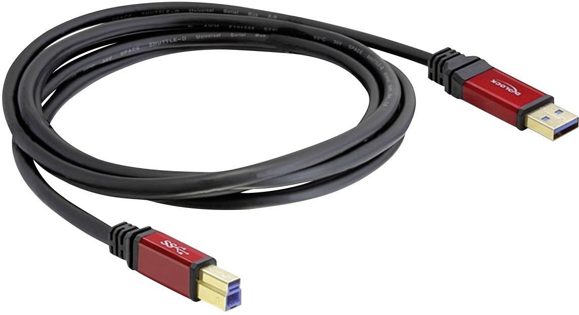 USB-Kabel mit roten Steckern, einer Typ-A- und einer Typ-B-Verbindung, geeignet für den Anschluss von Geräten wie Druckern.