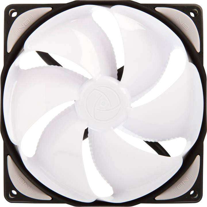 Ein weißer Computerlüfter mit fünf gebogenen Rotorblättern in einem quadratischen schwarzen Gehäuse. Geeignet zur Kühlung von PC-Komponenten.