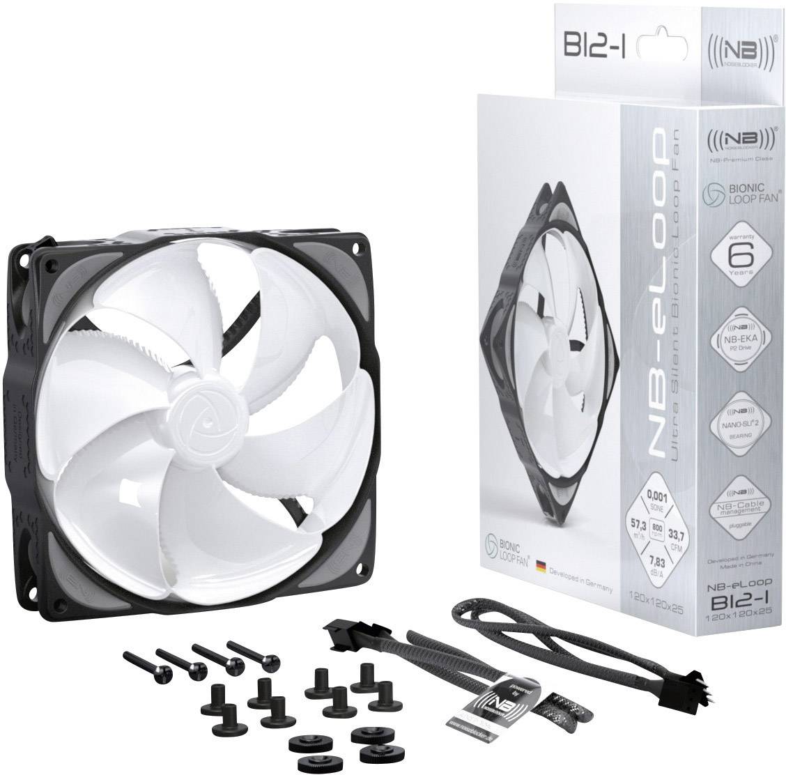 Lüfter mit Verpackung samt Zubehör wie Schrauben und Kabel. Verpackung zeigt Spezifikationen und das Lüftermodell NB-Eloop B12-1.