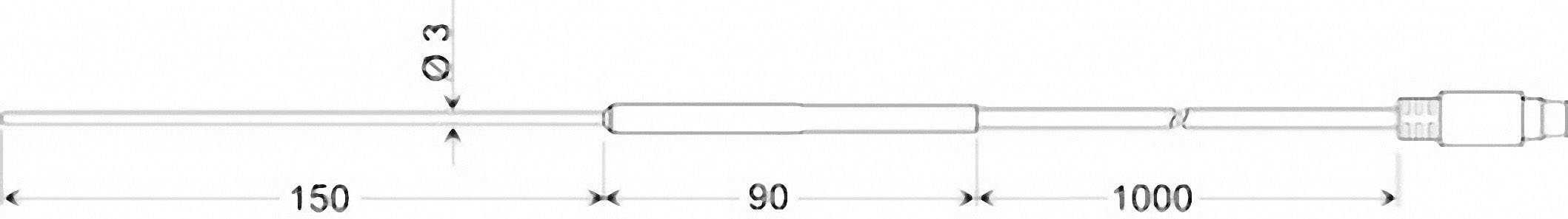 Technische Zeichnung eines zylindrischen Stiftes mit Maßen: Durchmesser 3 mm, Länge 150 mm, mittlerer Abschnitt 90 mm, Gesamtlänge 1000 mm.